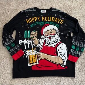 Ugly Christmas Party Hoppy Holidays Santa Beer Sweater Black 4XL